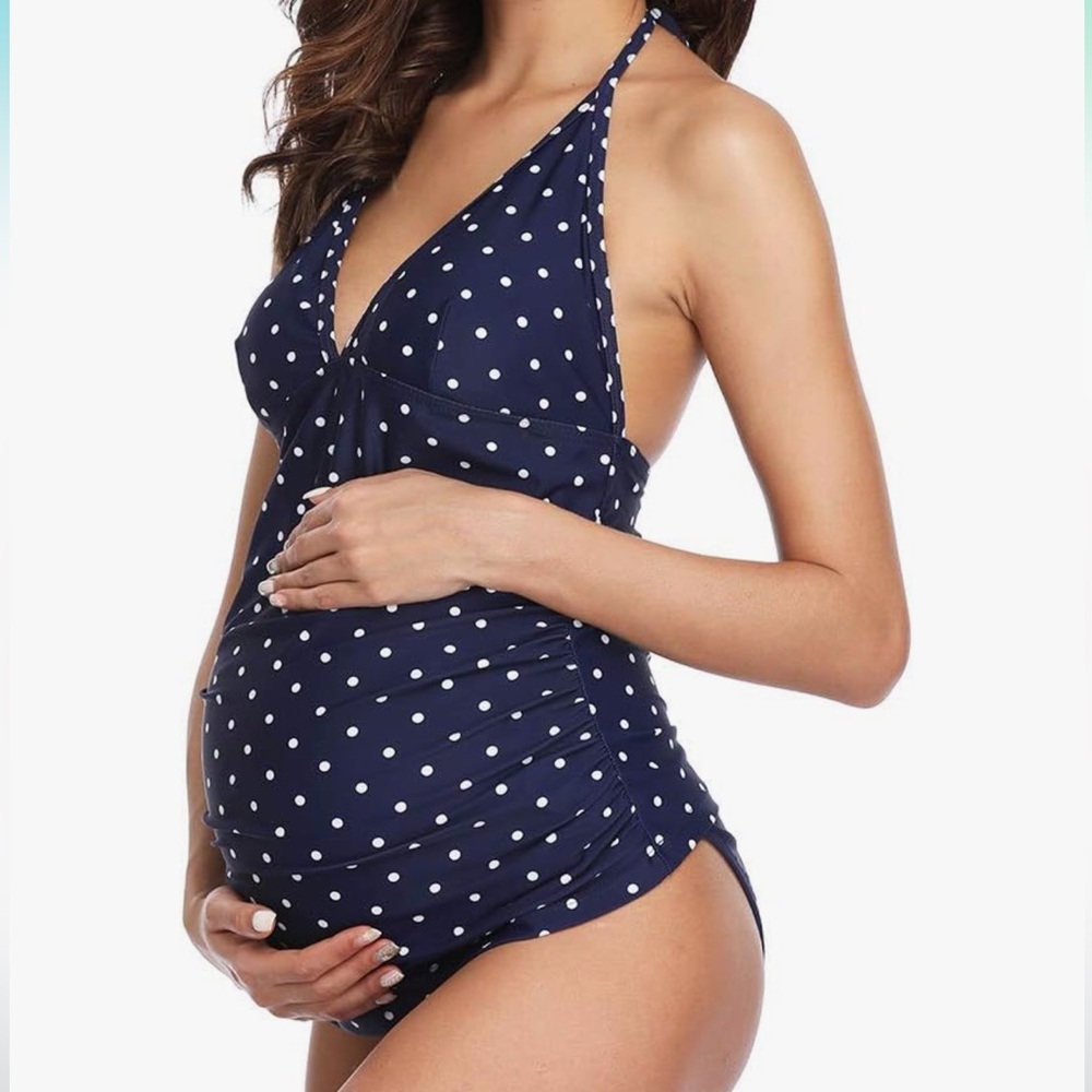 Maternity Navy Blue Polka Dot Halter Tankini Swimsuit Bathing Suit Swim Set